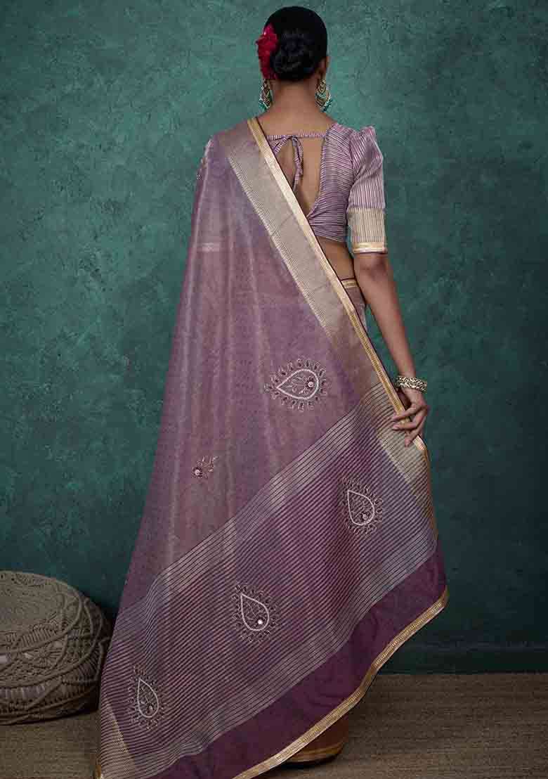 Purple Embroidered Tissue Saree Set - Indya