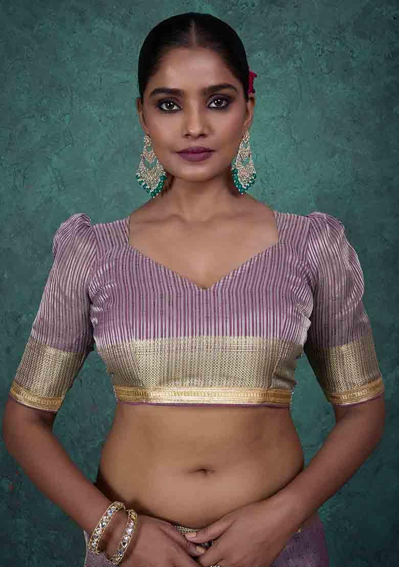 Purple Embroidered Tissue Saree Set - Indya