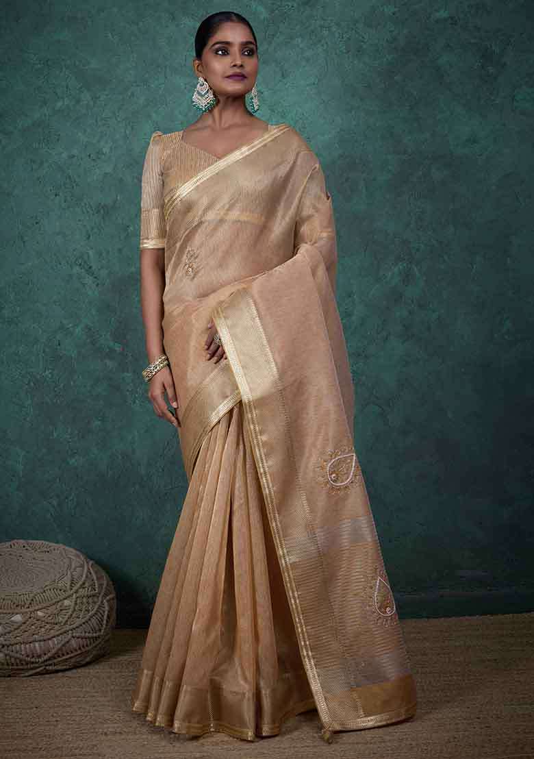 Brown Embroidered Tissue Saree Set - Indya