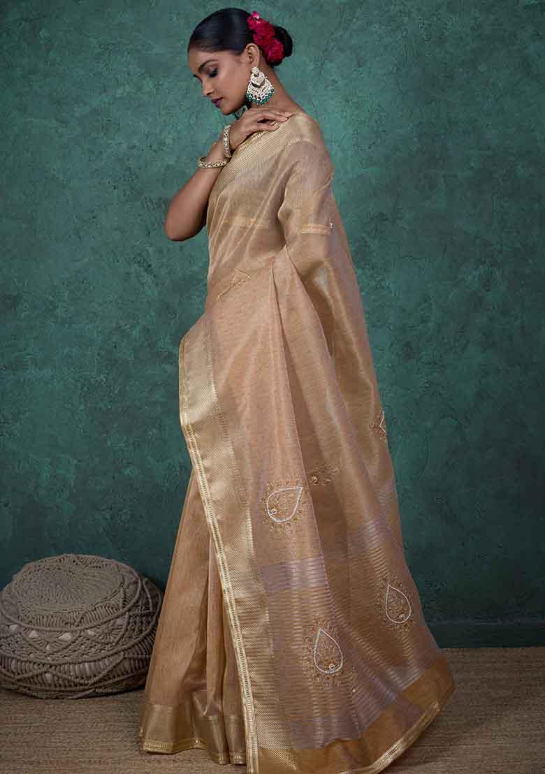 Brown Embroidered Tissue Saree Set - Indya