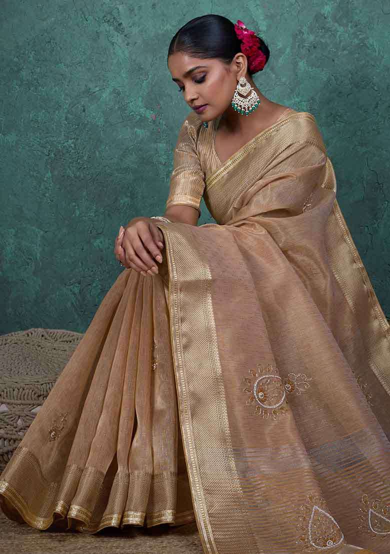 Brown Embroidered Tissue Saree Set - Indya
