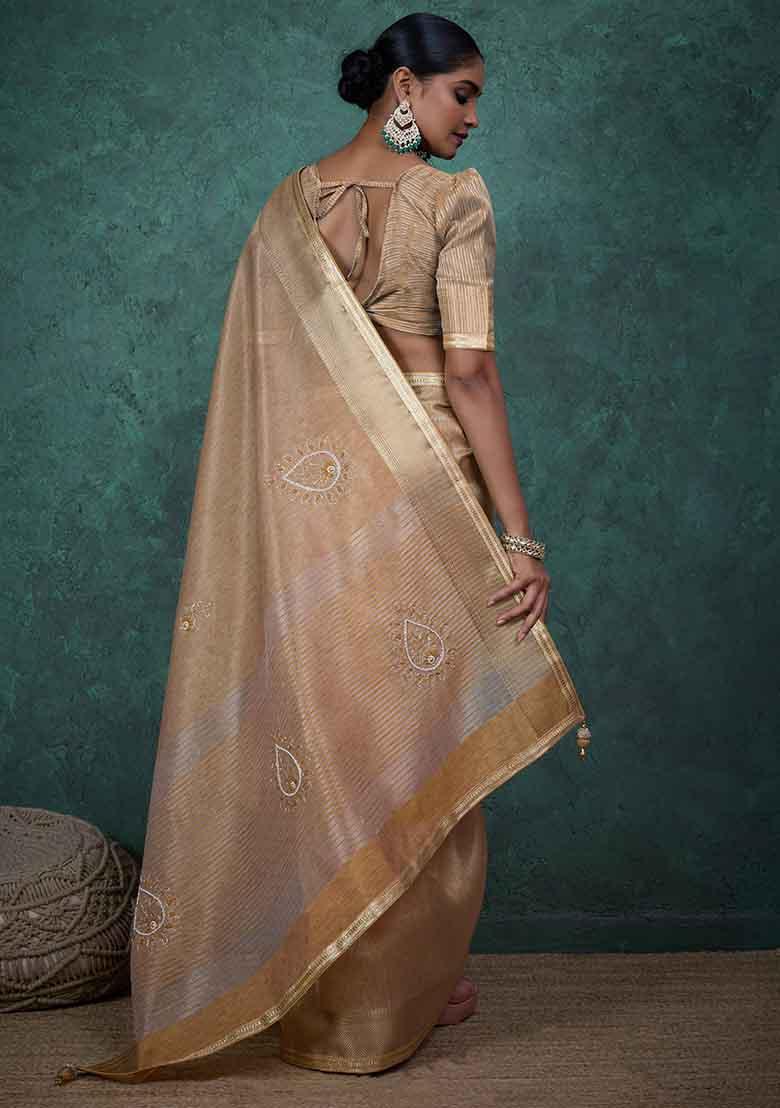 Brown Embroidered Tissue Saree Set - Indya