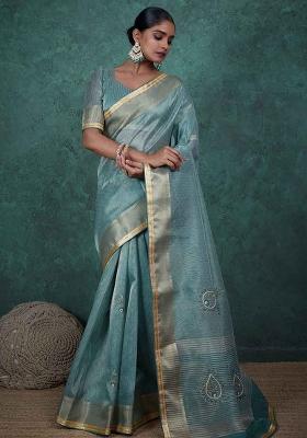Blue Embroidered Tissue Saree Set