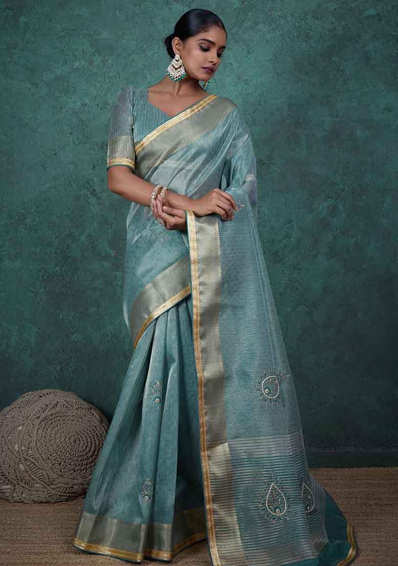 Blue Embroidered Tissue Saree Set - Indya