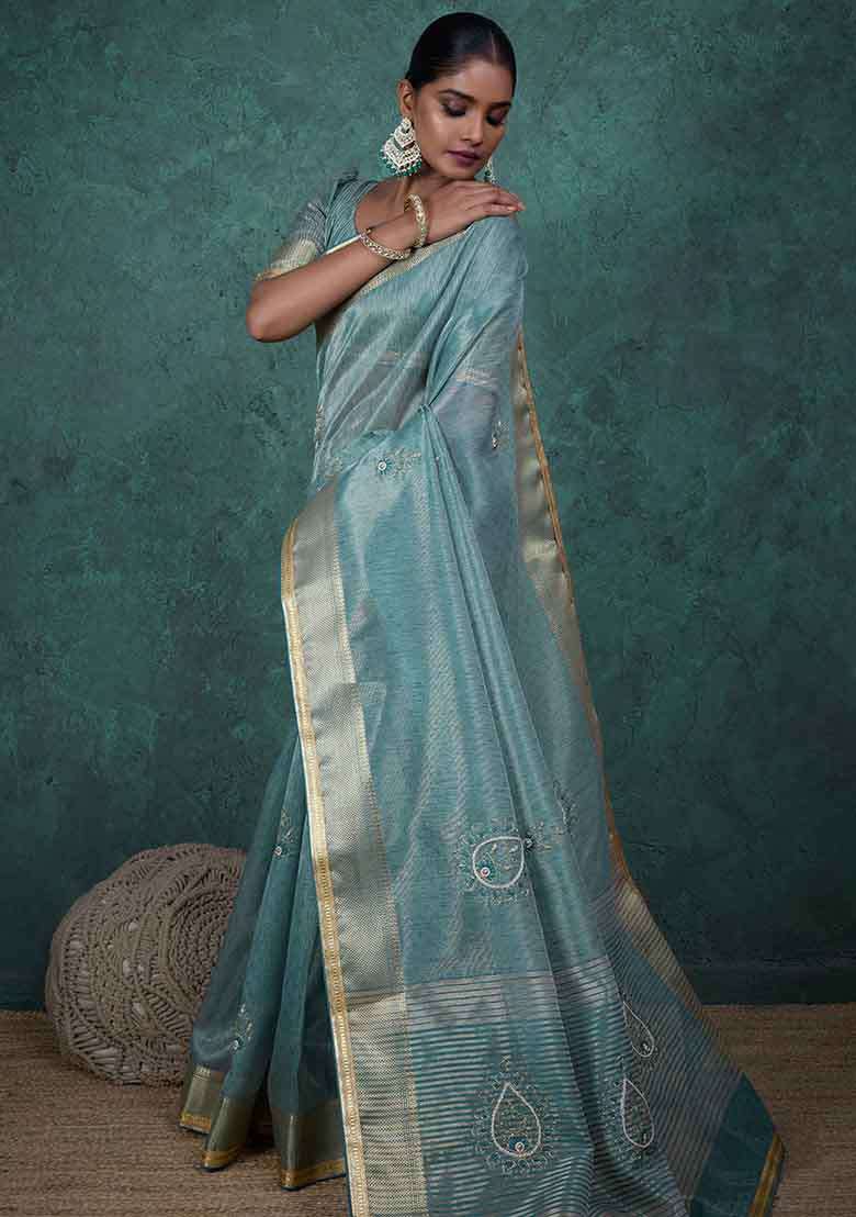 Blue Embroidered Tissue Saree Set - Indya