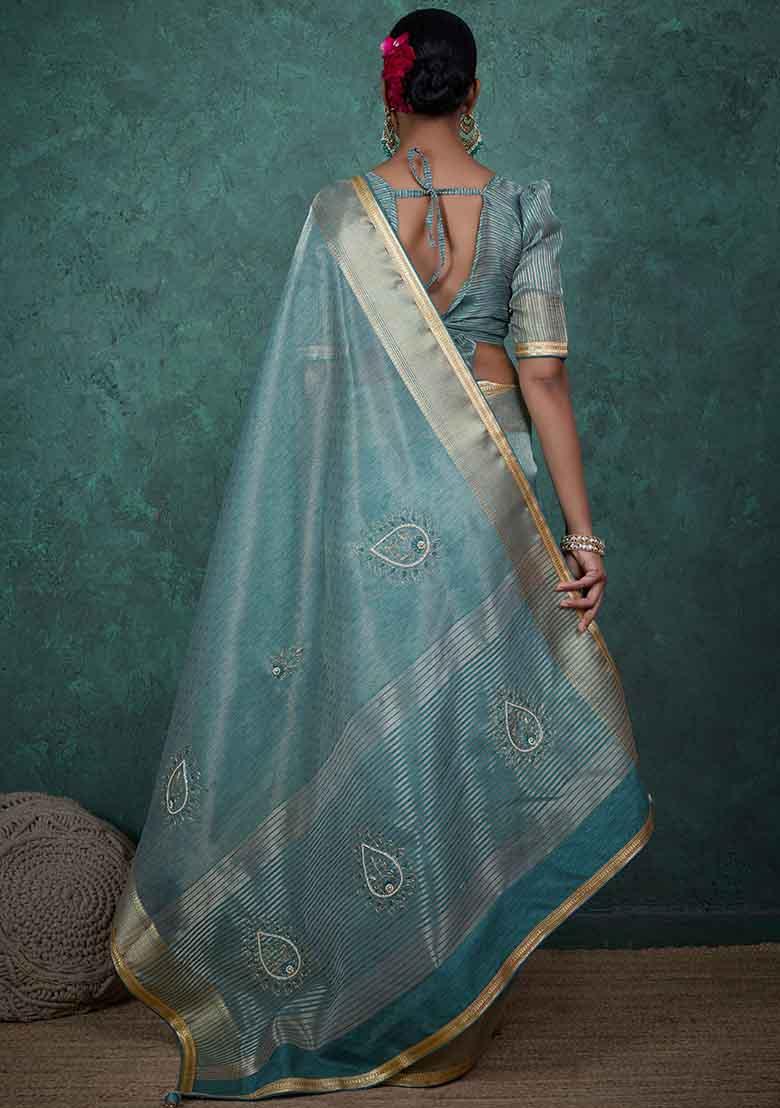 Blue Embroidered Tissue Saree Set - Indya