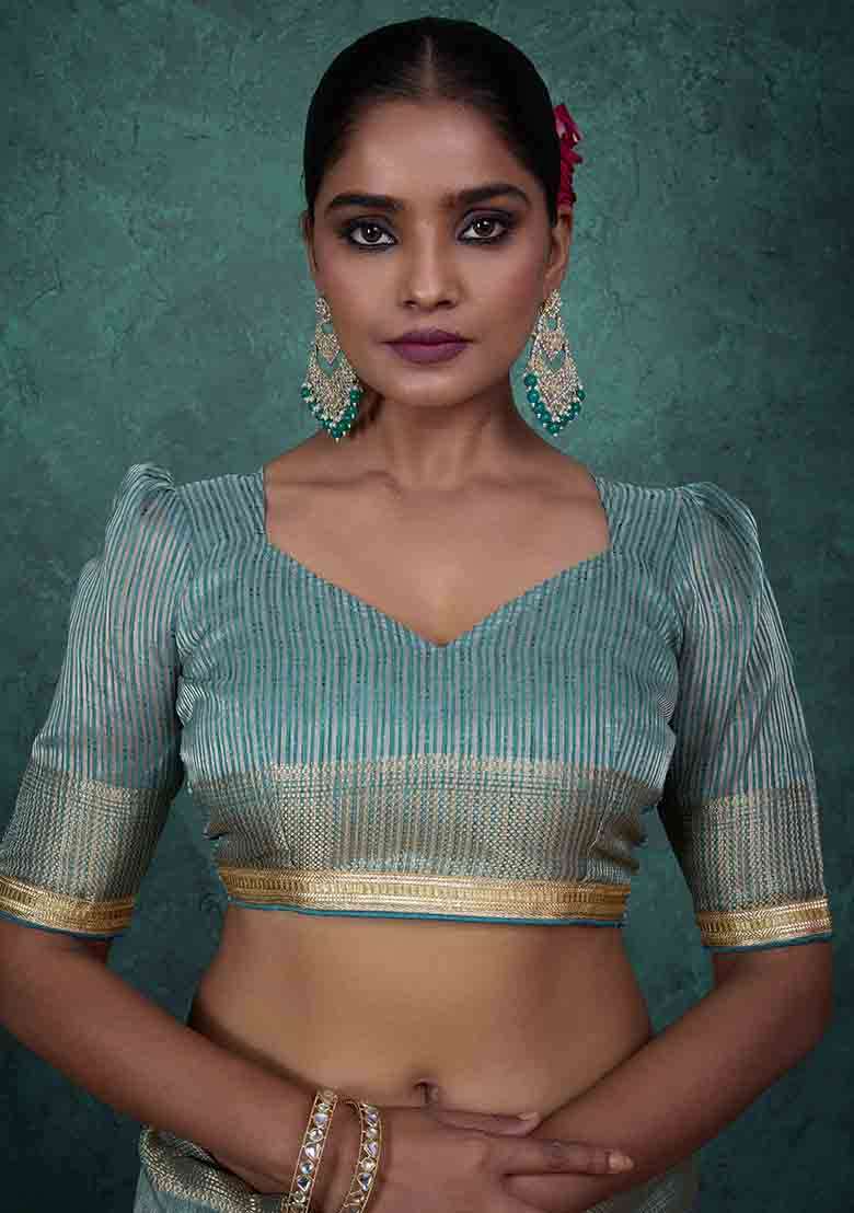 Blue Embroidered Tissue Saree Set - Indya