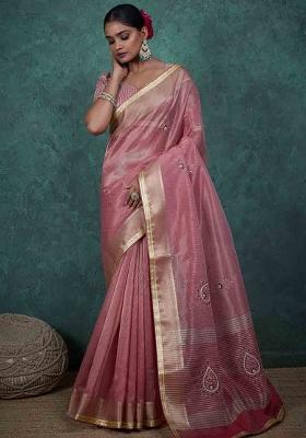 Pink Embroidered Tissue Saree Set