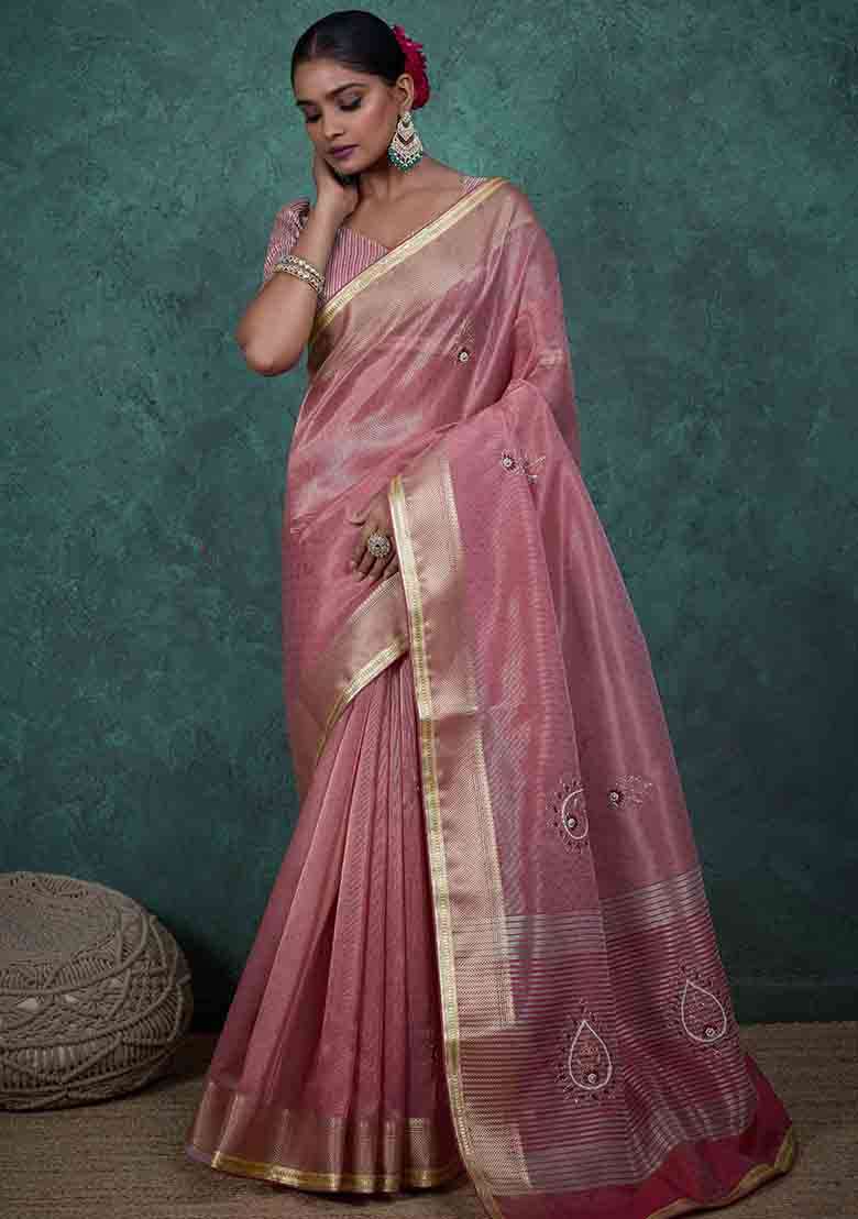 Pink Embroidered Tissue Saree Set - Indya