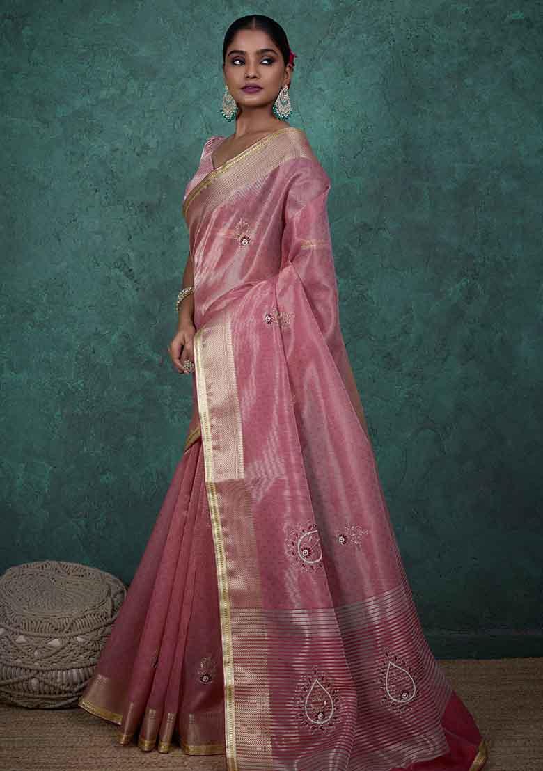 Pink Embroidered Tissue Saree Set - Indya