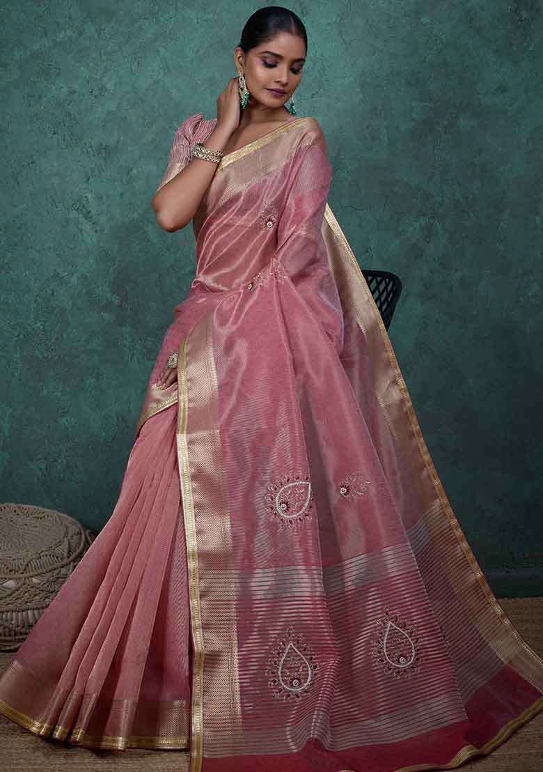 Pink Embroidered Tissue Saree Set - Indya