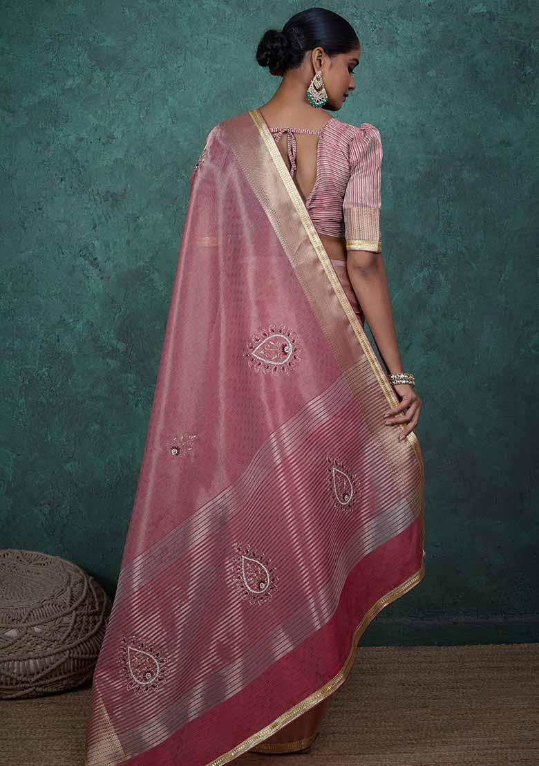 Pink Embroidered Tissue Saree Set - Indya