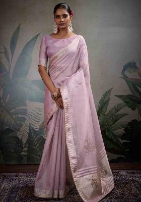 Purple Embroidered Tissue Saree Set