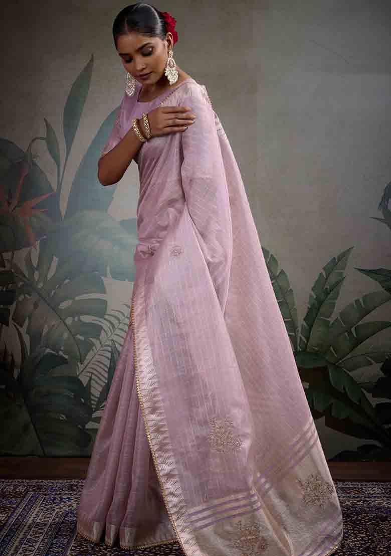 Purple Embroidered Tissue Saree Set - Indya