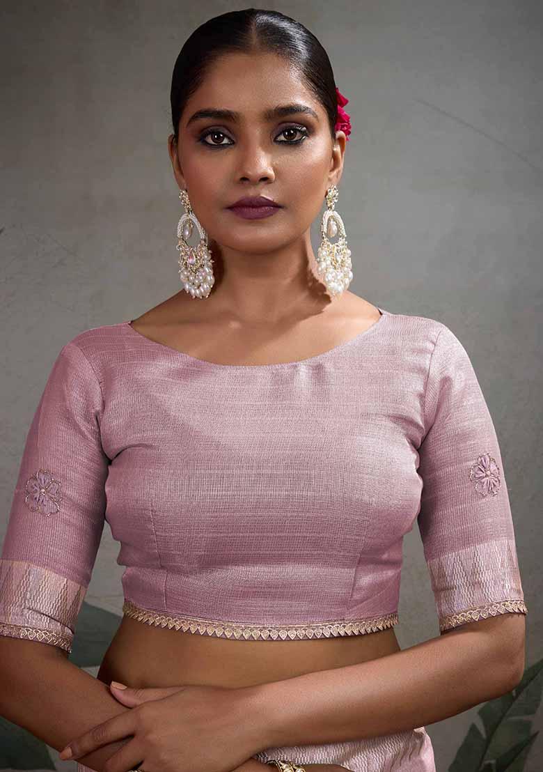 Purple Embroidered Tissue Saree Set - Indya