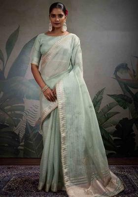 Green Embroidered Tissue Saree Set