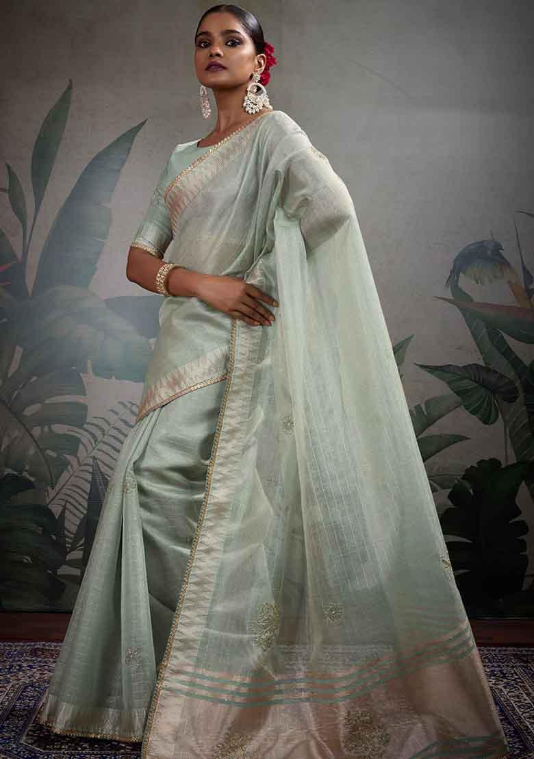 Green Embroidered Tissue Saree Set - Indya