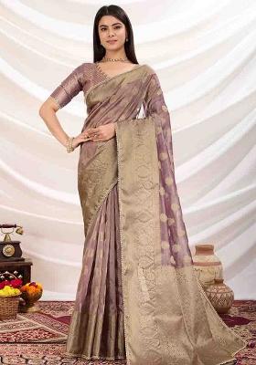 Purple Embroidered Tissue Saree Set