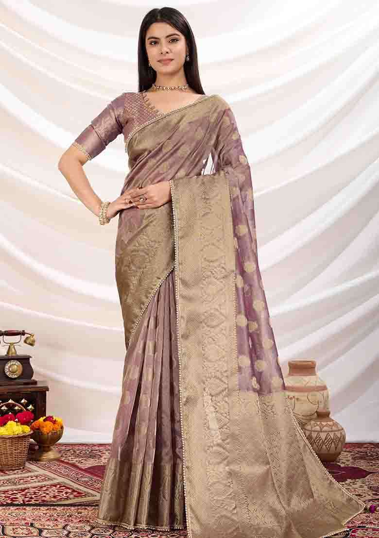 Purple Embroidered Tissue Saree Set - Indya