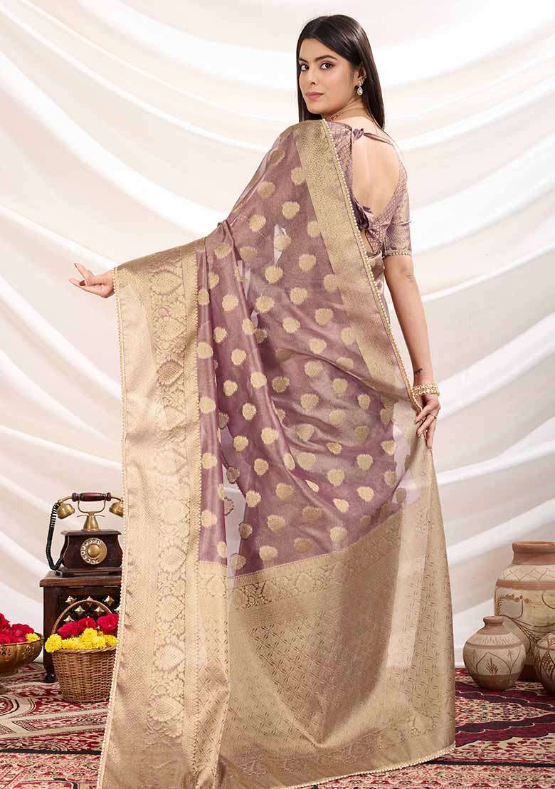 Purple Embroidered Tissue Saree Set - Indya