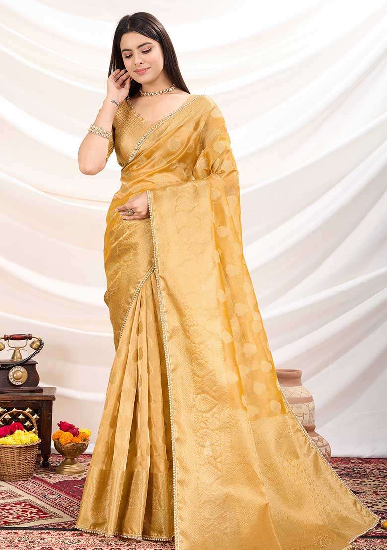 Yellow Embroidered Tissue Saree Set - Indya
