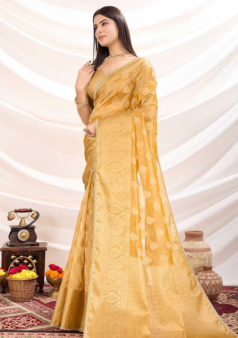 Yellow Embroidered Tissue Saree Set - Indya