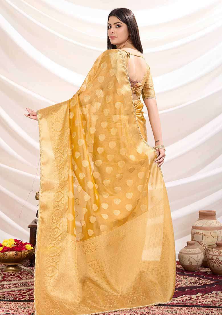 Yellow Embroidered Tissue Saree Set - Indya