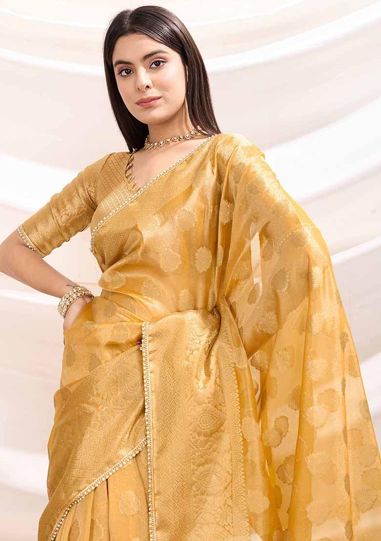 Yellow Embroidered Tissue Saree Set - Indya