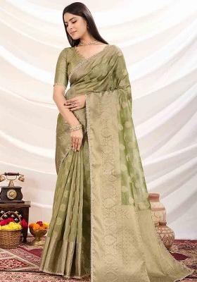Olive Embroidered Tissue Saree Set