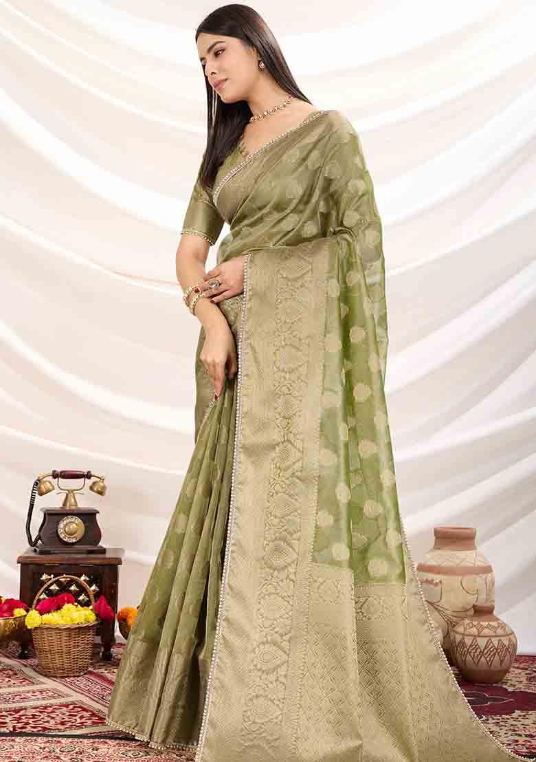Olive Embroidered Tissue Saree Set - Indya