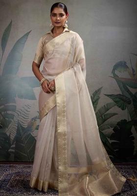 White Embroidered Tissue Saree Set