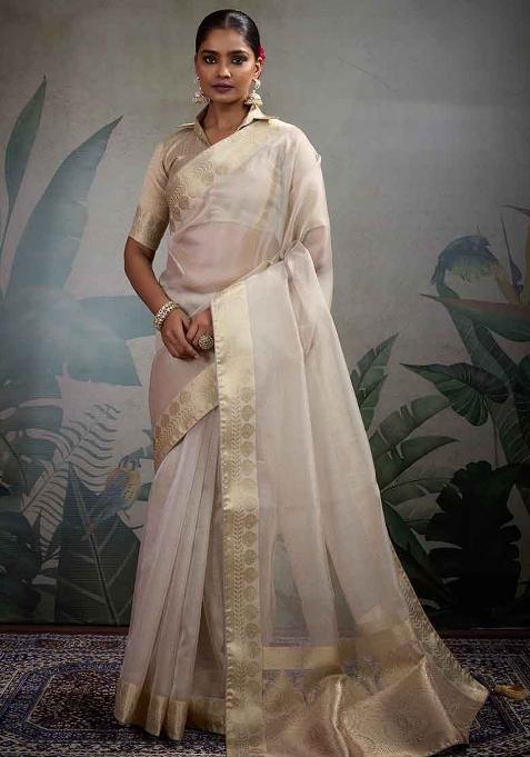 White Embroidered Tissue Saree Set
