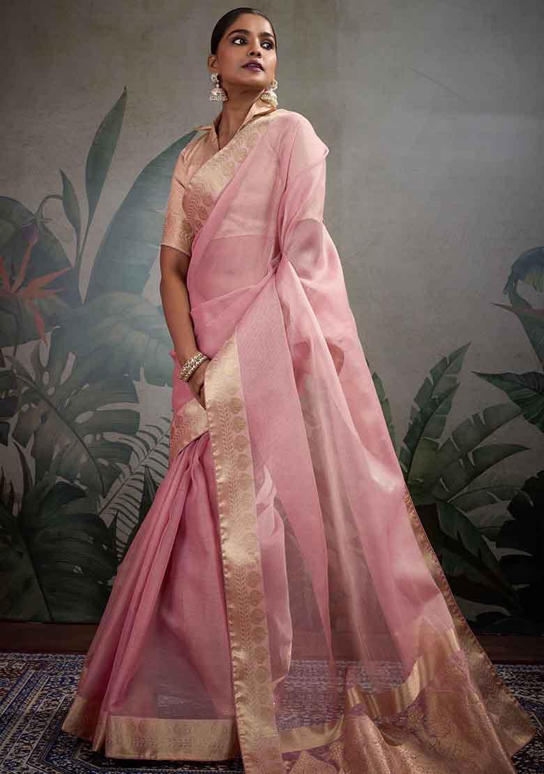 Pink Embroidered Tissue Saree Set - Indya