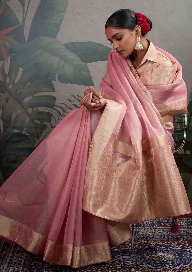 Pink Embroidered Tissue Saree Set - Indya