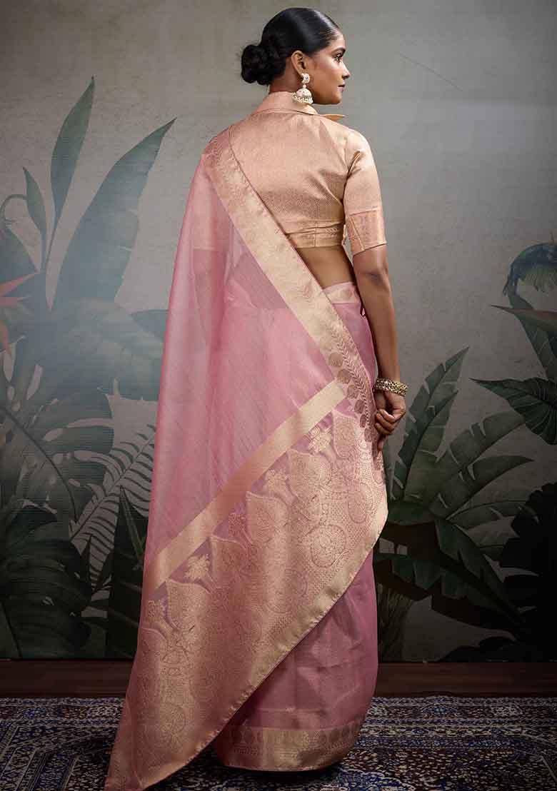Pink Embroidered Tissue Saree Set - Indya
