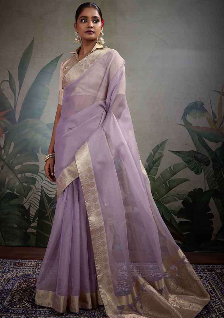 Purple Embroidered Tissue Saree Set - Indya