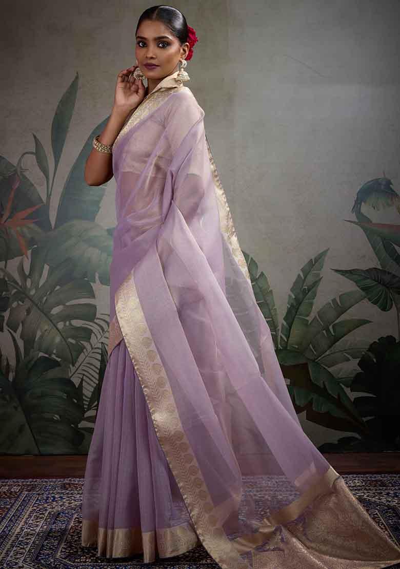 Purple Embroidered Tissue Saree Set - Indya