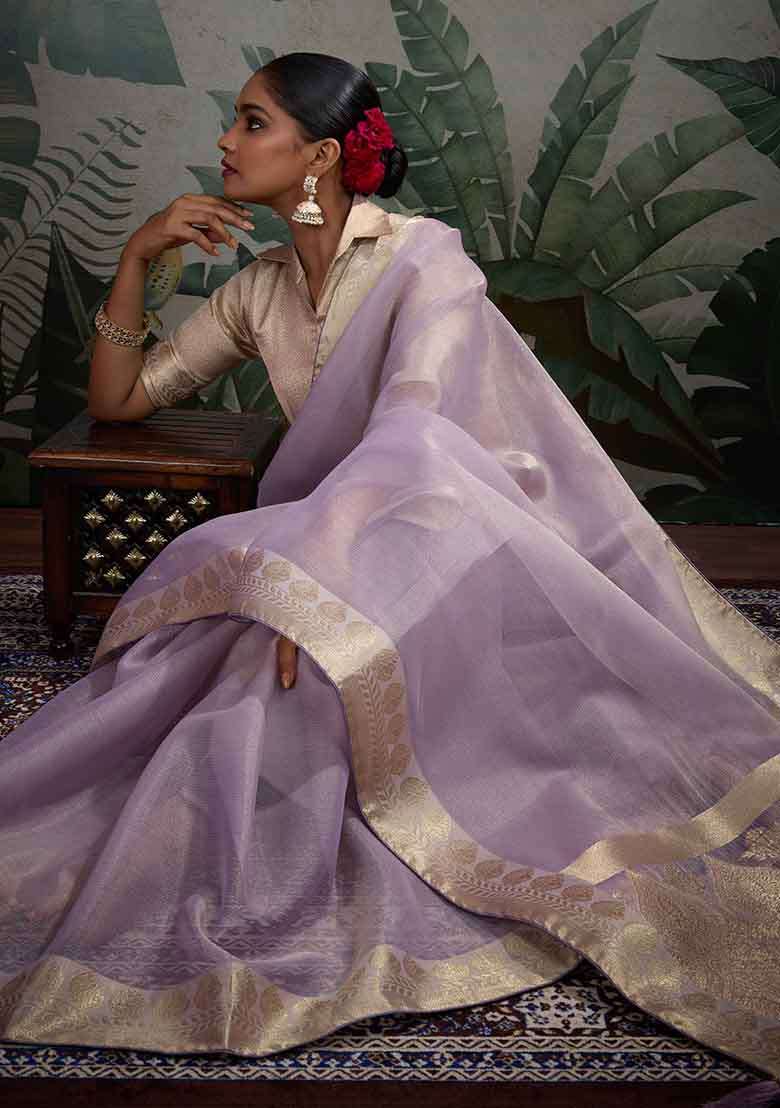 Purple Embroidered Tissue Saree Set - Indya
