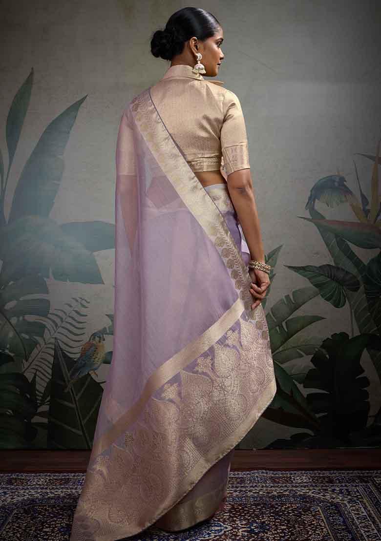 Purple Embroidered Tissue Saree Set - Indya