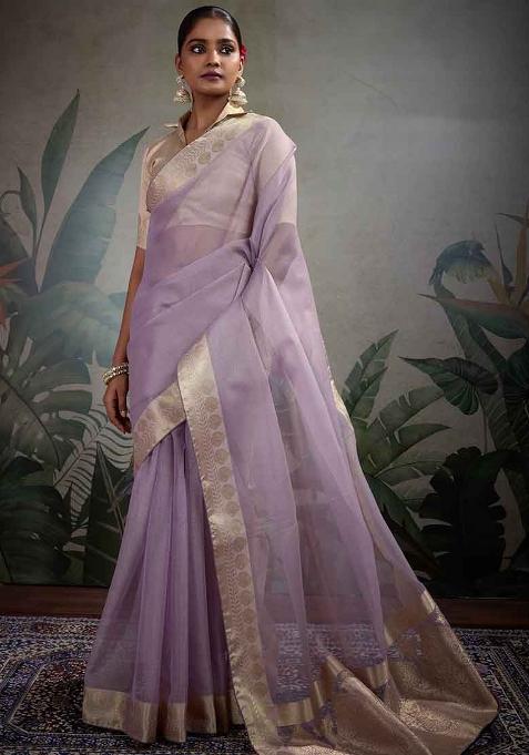 Purple Embroidered Tissue Saree Set