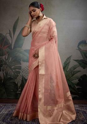 Peach Embroidered Tissue Saree Set