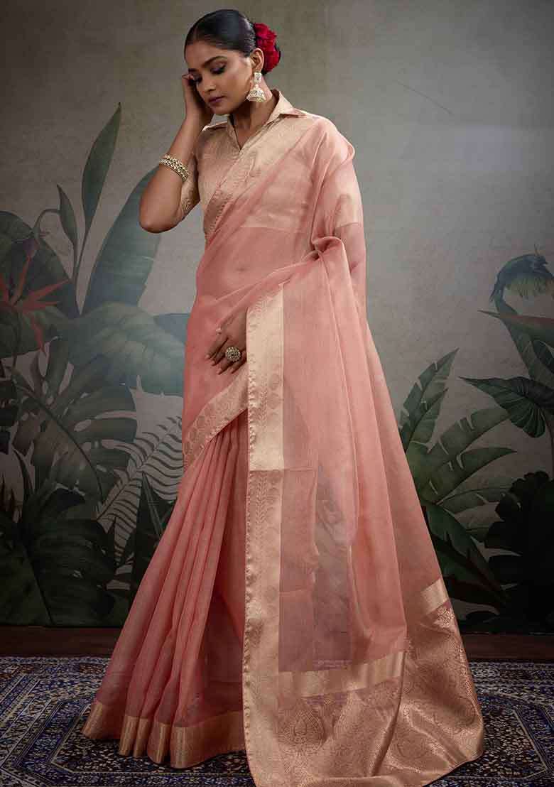 Peach Embroidered Tissue Saree Set - Indya