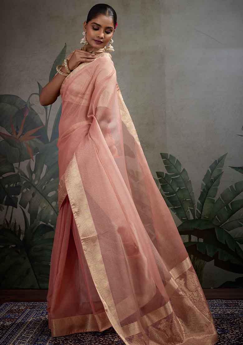 Peach Embroidered Tissue Saree Set - Indya