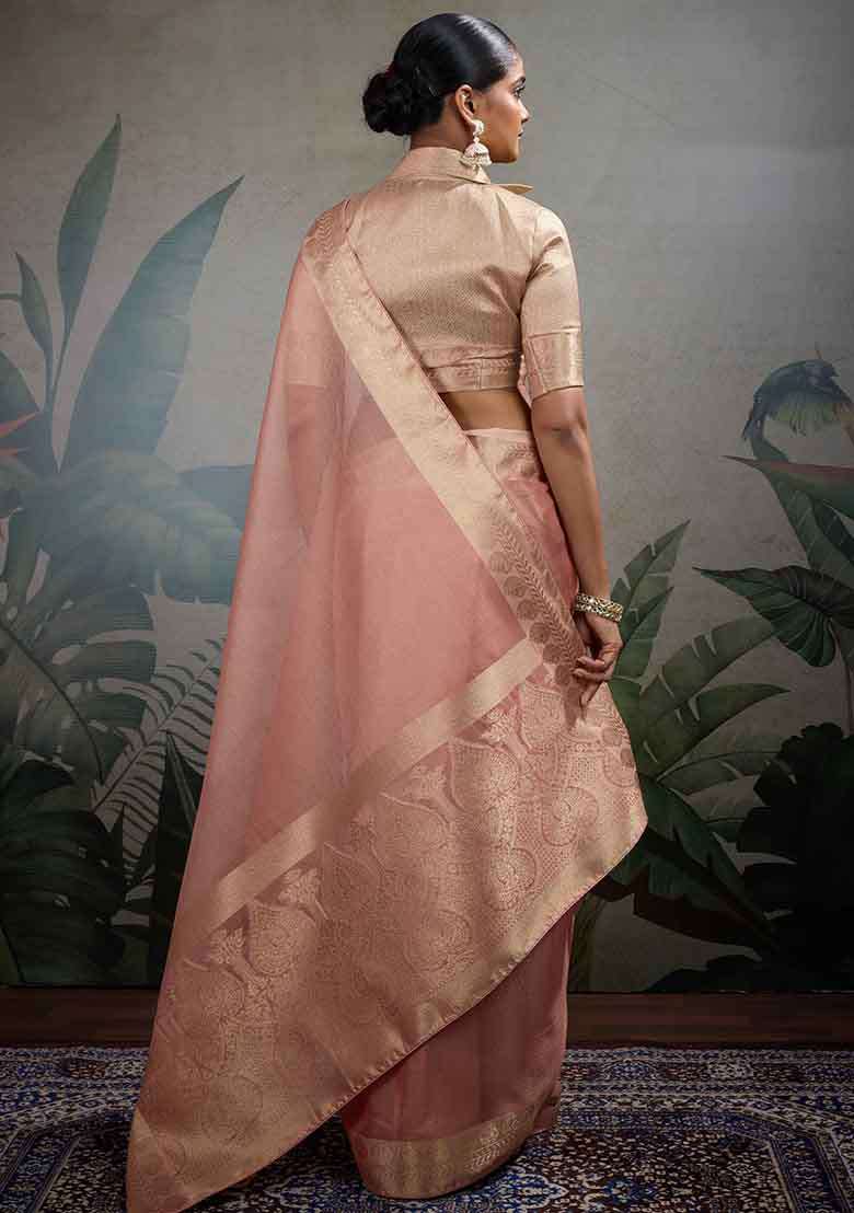 Peach Embroidered Tissue Saree Set - Indya