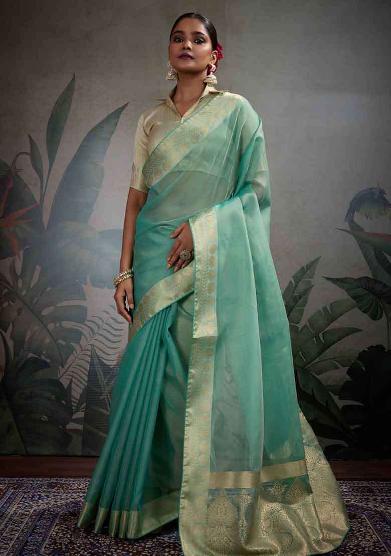 Blue Embroidered Tissue Saree Set - Indya