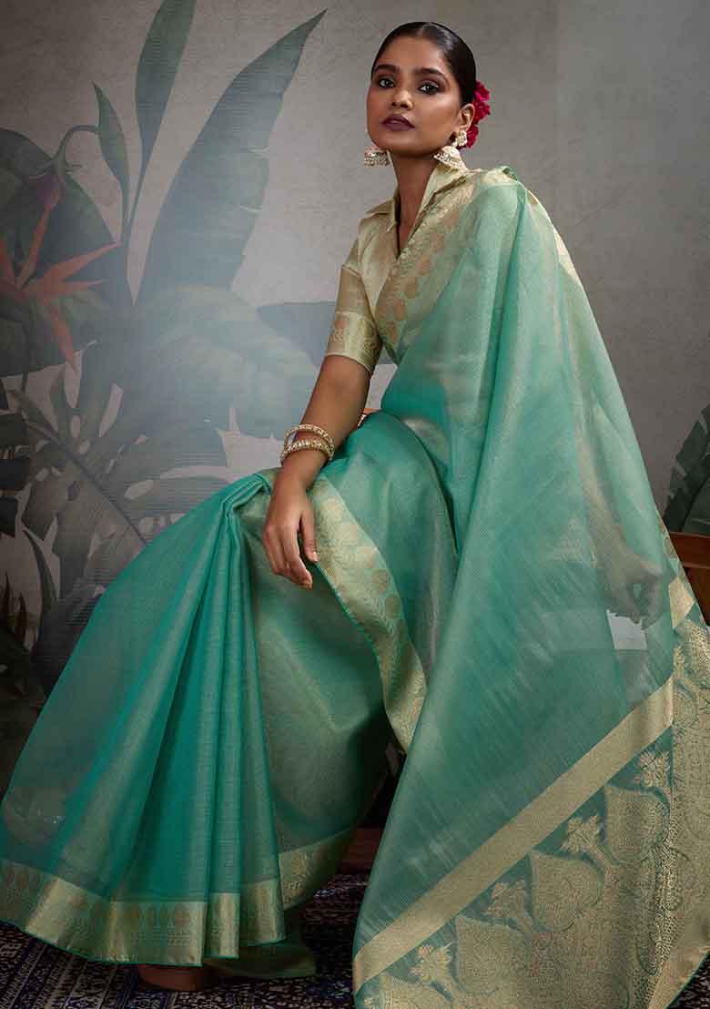 Blue Embroidered Tissue Saree Set - Indya