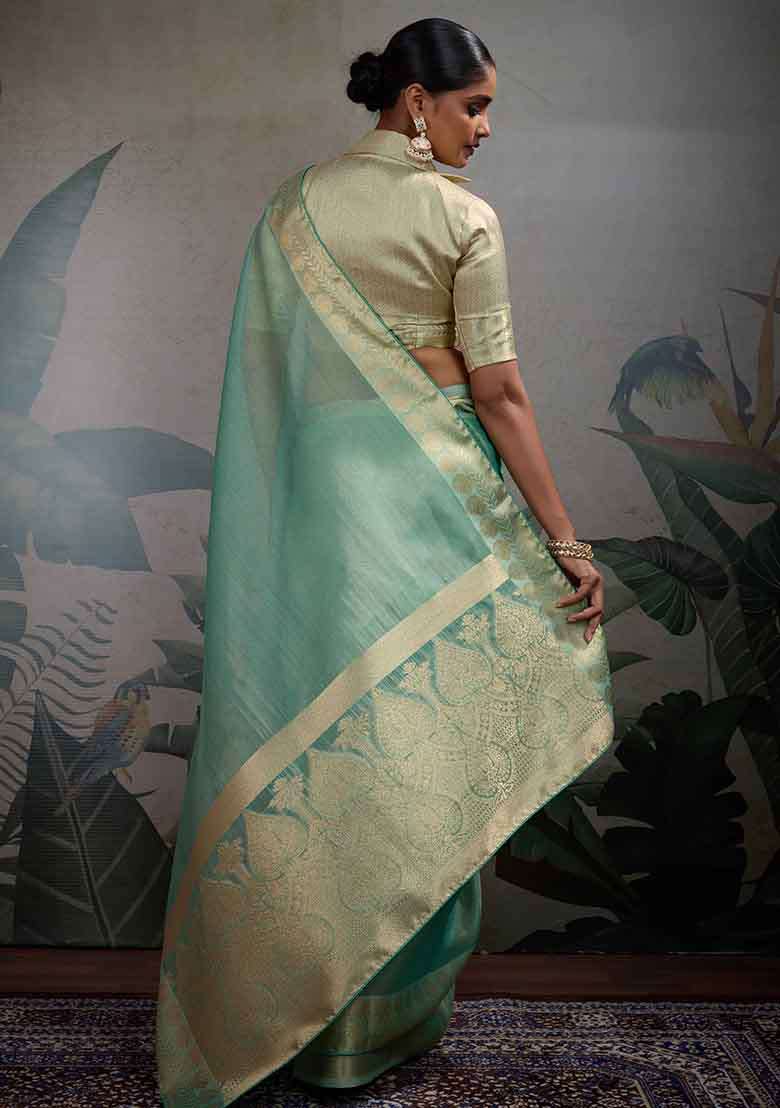 Blue Embroidered Tissue Saree Set - Indya