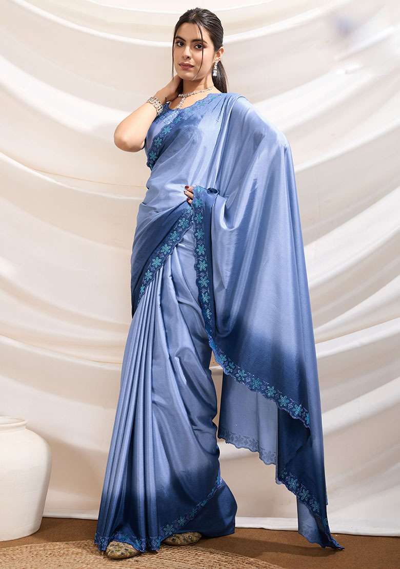Blue Embroidered Crepe Saree Set for Diwali and Festive Wear - Indya