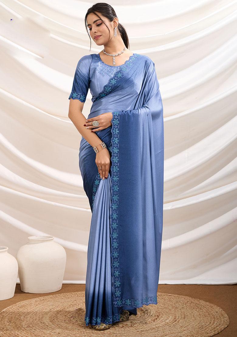 Blue Embroidered Crepe Saree Set - Indya