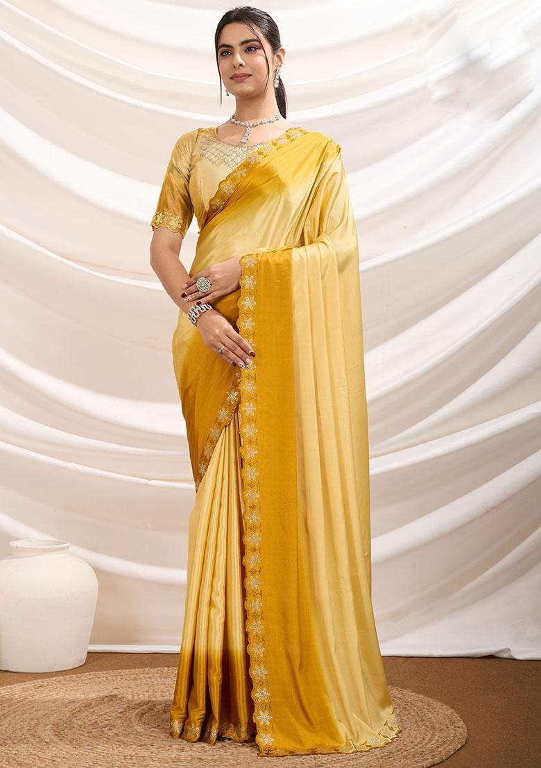 Yellow Embroidered Crepe Saree Set